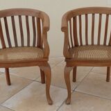 2 Colonial armchairs in natural solid wood with cane seats