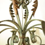 8-branch wrought iron chandelier with gray-green patina and antique gilding