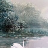 Original Gouache painting "the swan pond" Z.M. François + frame