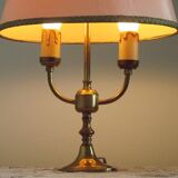 2 Light French Vintage Brass Boulotte Table Lamp With Cream Fabric Shade