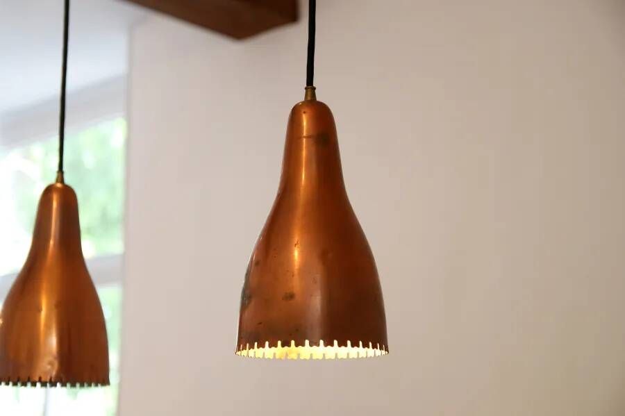 Set of three copper Bent Karlby pendant lamps for Lyfa