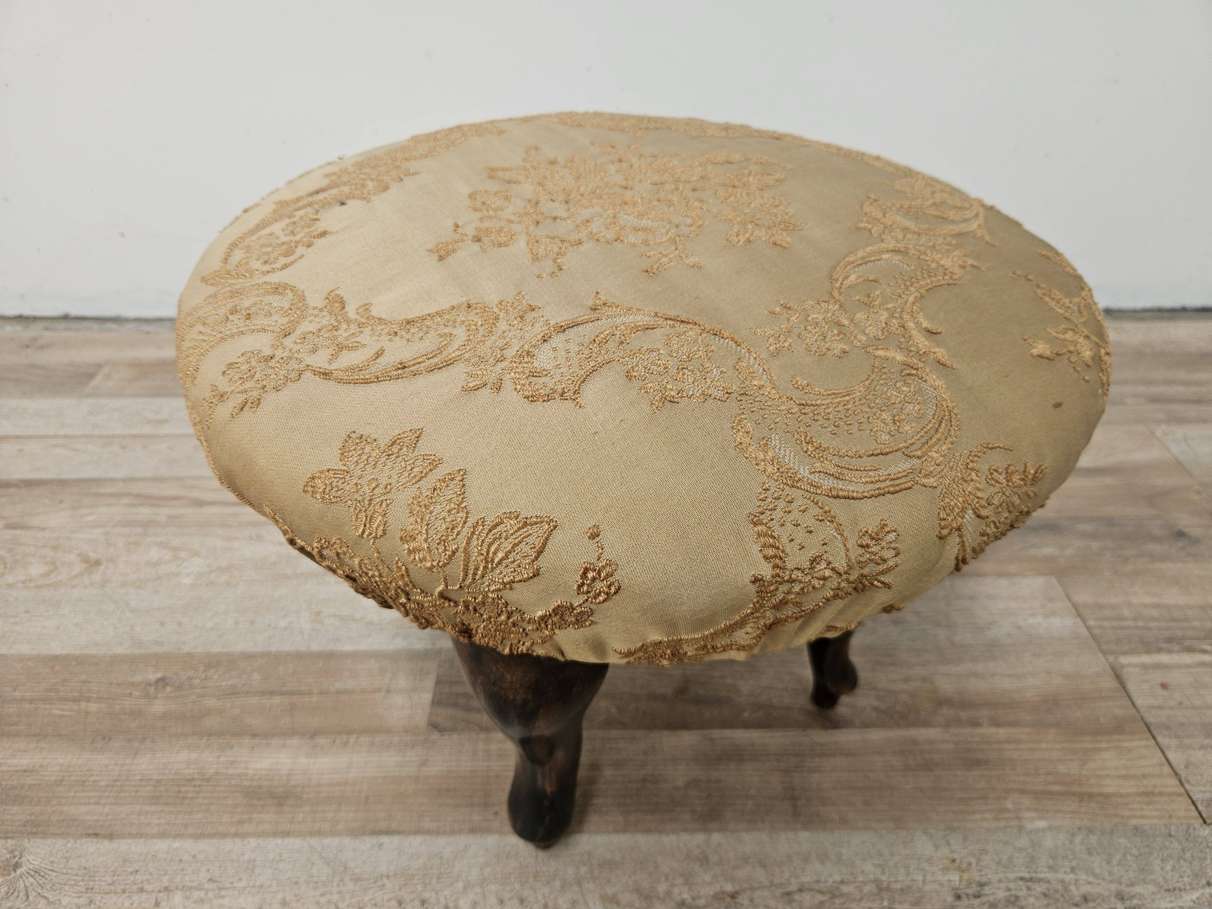 Vintage walnut pouf with fabric-covered seat, 1940s