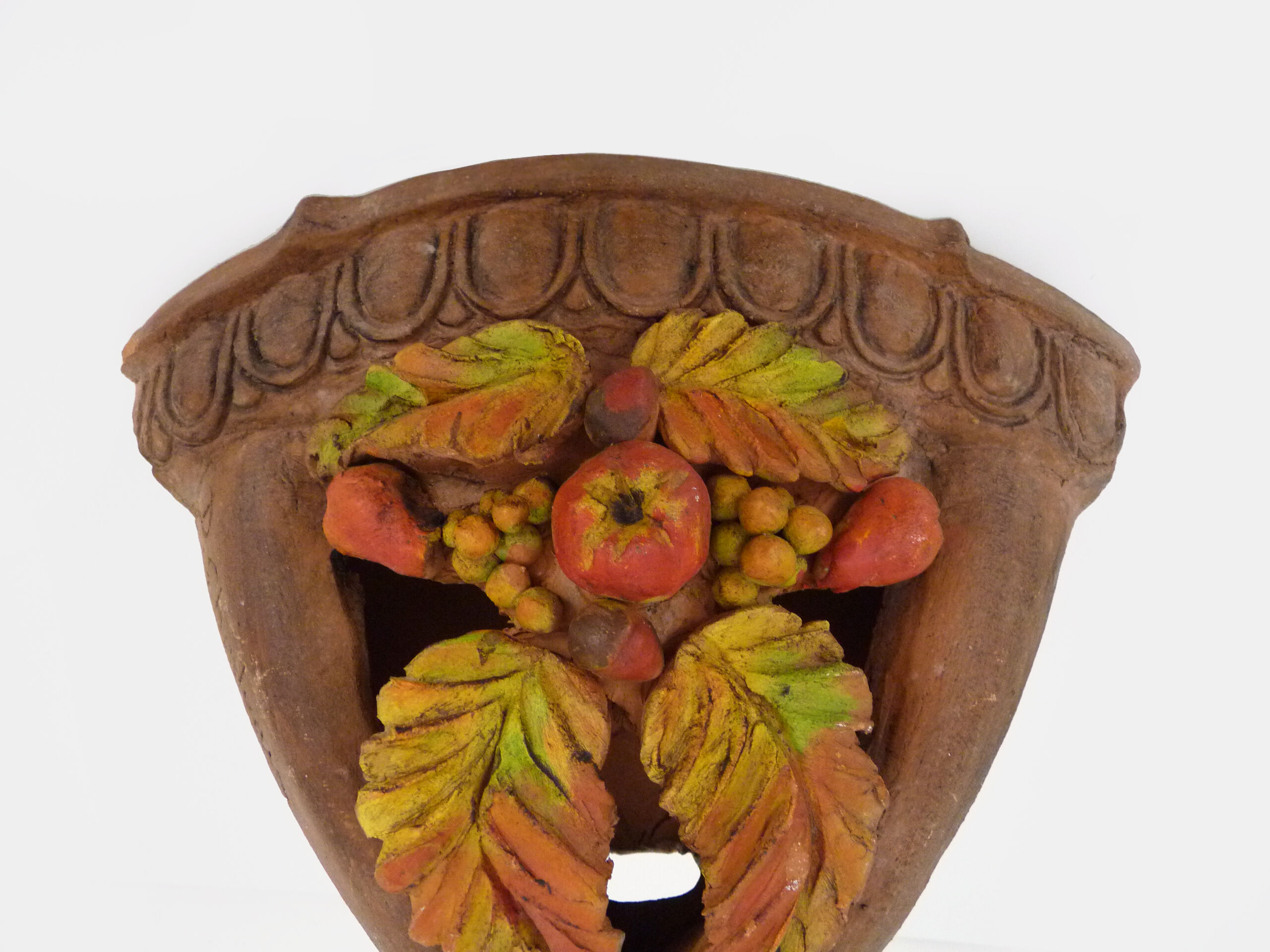 Corner wall lamp in terracotta with fruit decoration, signed D.Chadeau