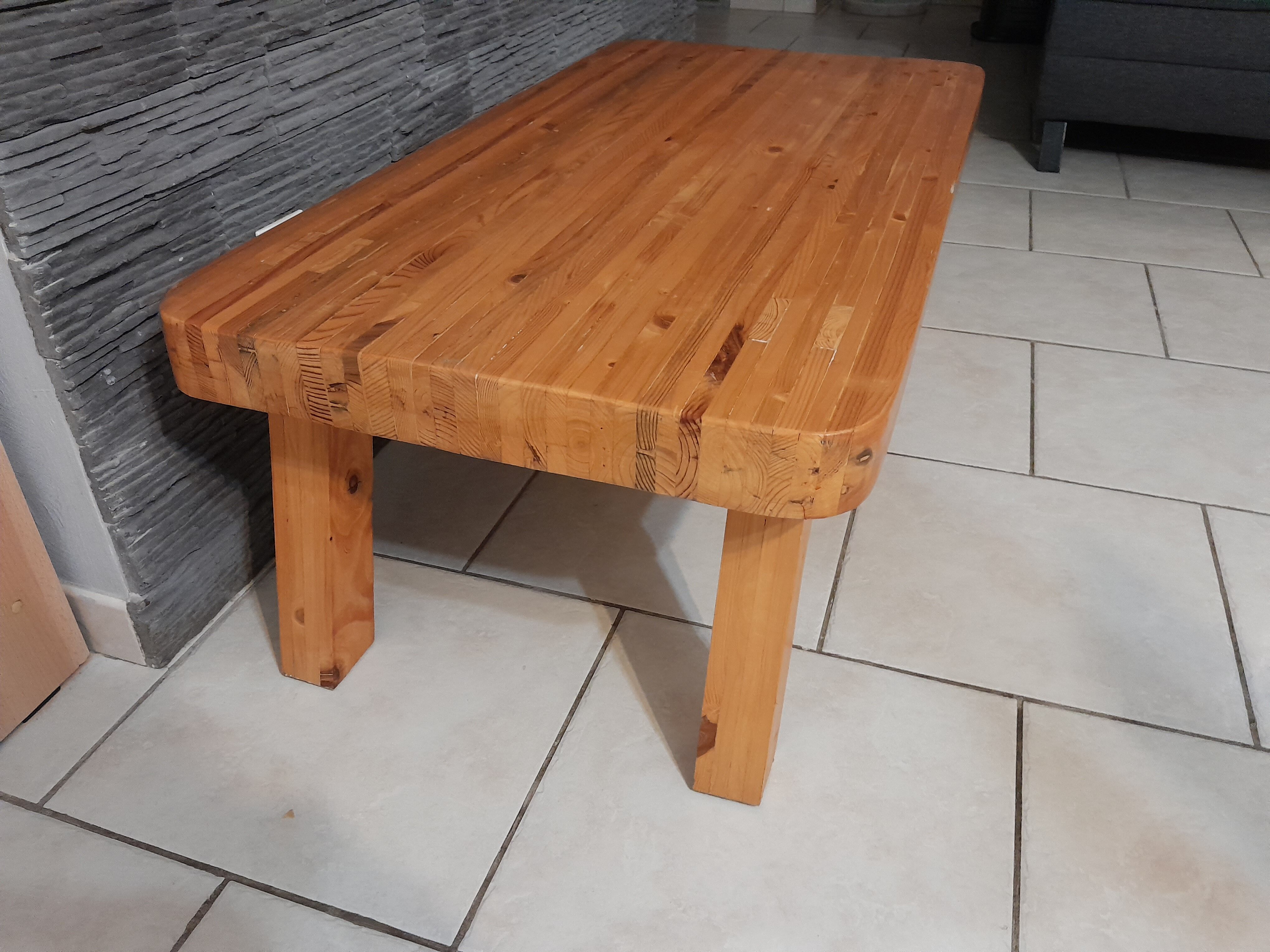 Table basse pin pieds compas vintage années 70-80