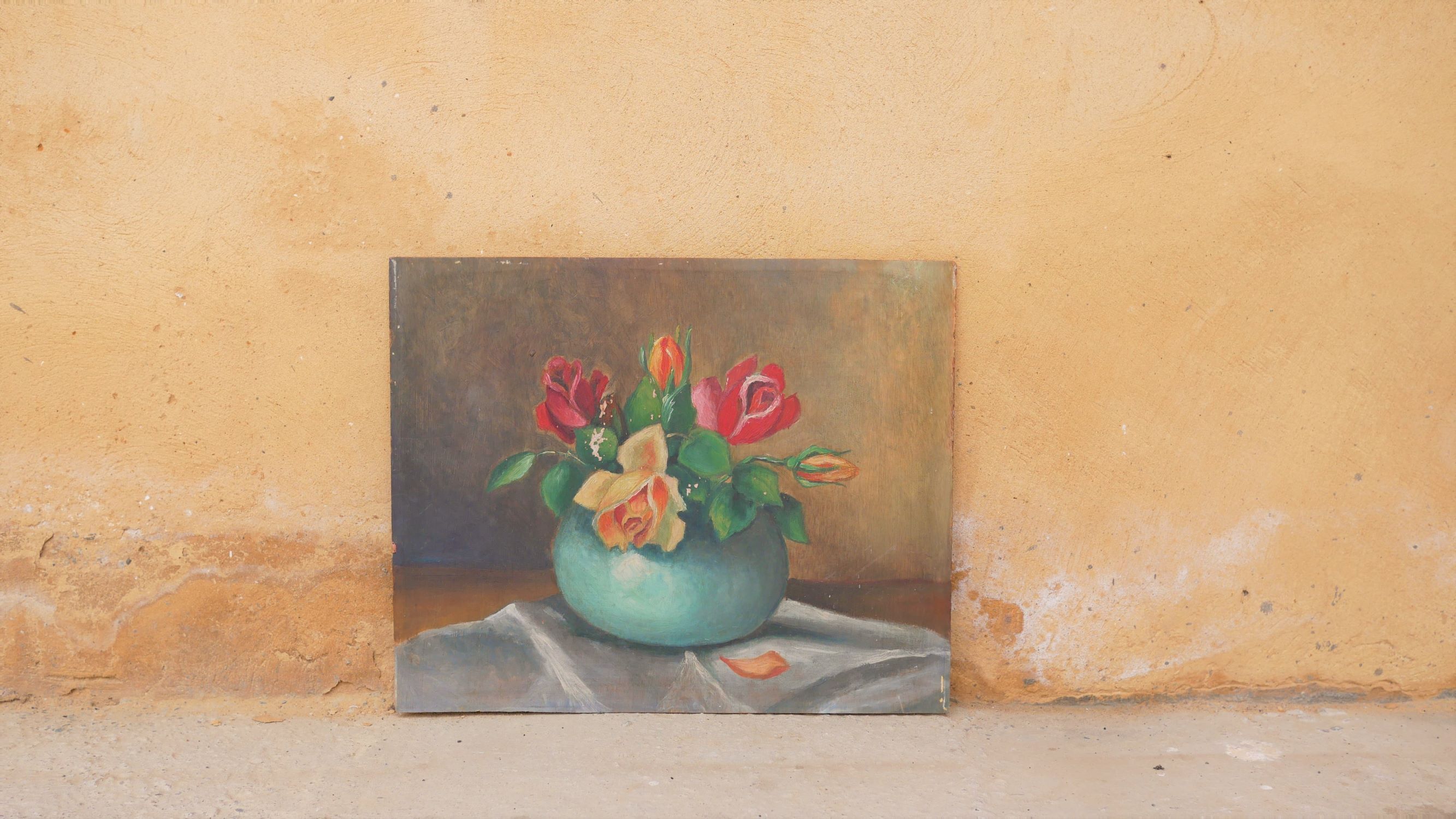 Painting, vintage wood painting Flowers