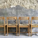 Set of 4 straw chairs in light wood - design 1970