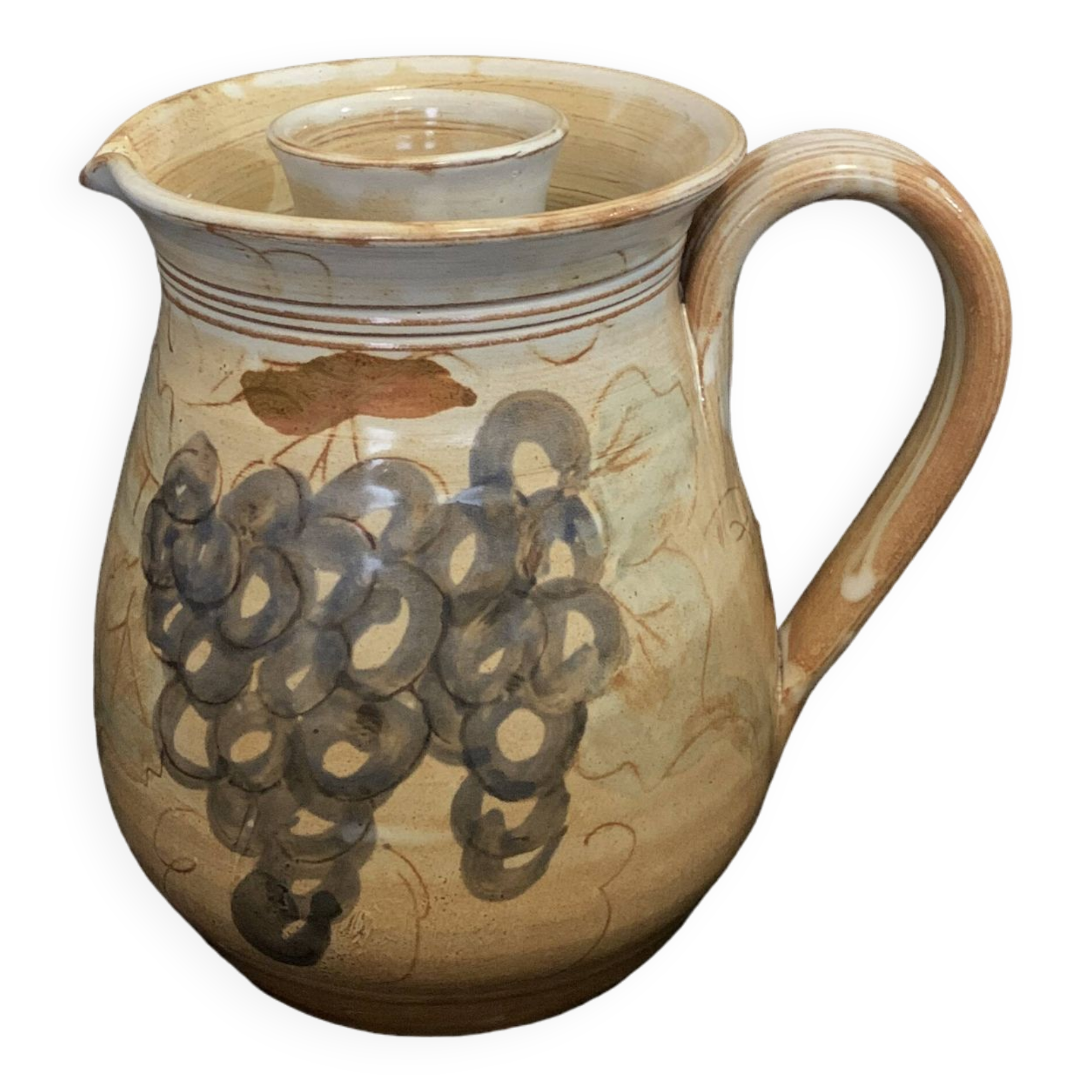 Large Vallauris pitcher 1960 18.5cm with terracotta ice tube grape decoration old vintage pottery