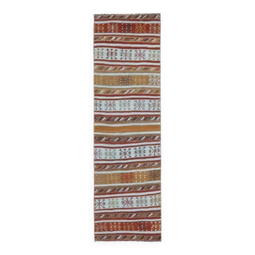 Tapis kilim vintage turc Oushak fait main en laine et coton rouge 60x214