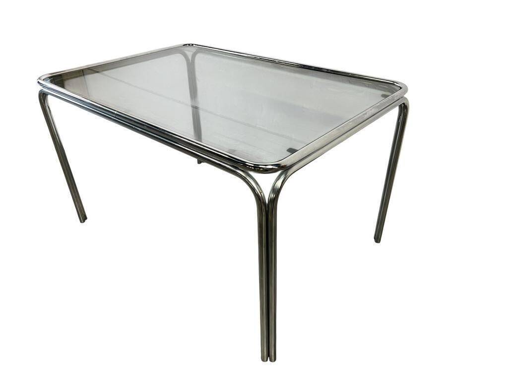 Table à manger vintage chromée / table avec verre fumé
