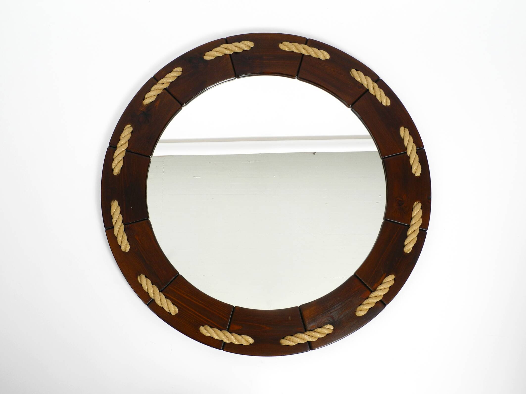 Huge 1970s maritime round pine wood wall mirror from Denmark | ∅ 89cm