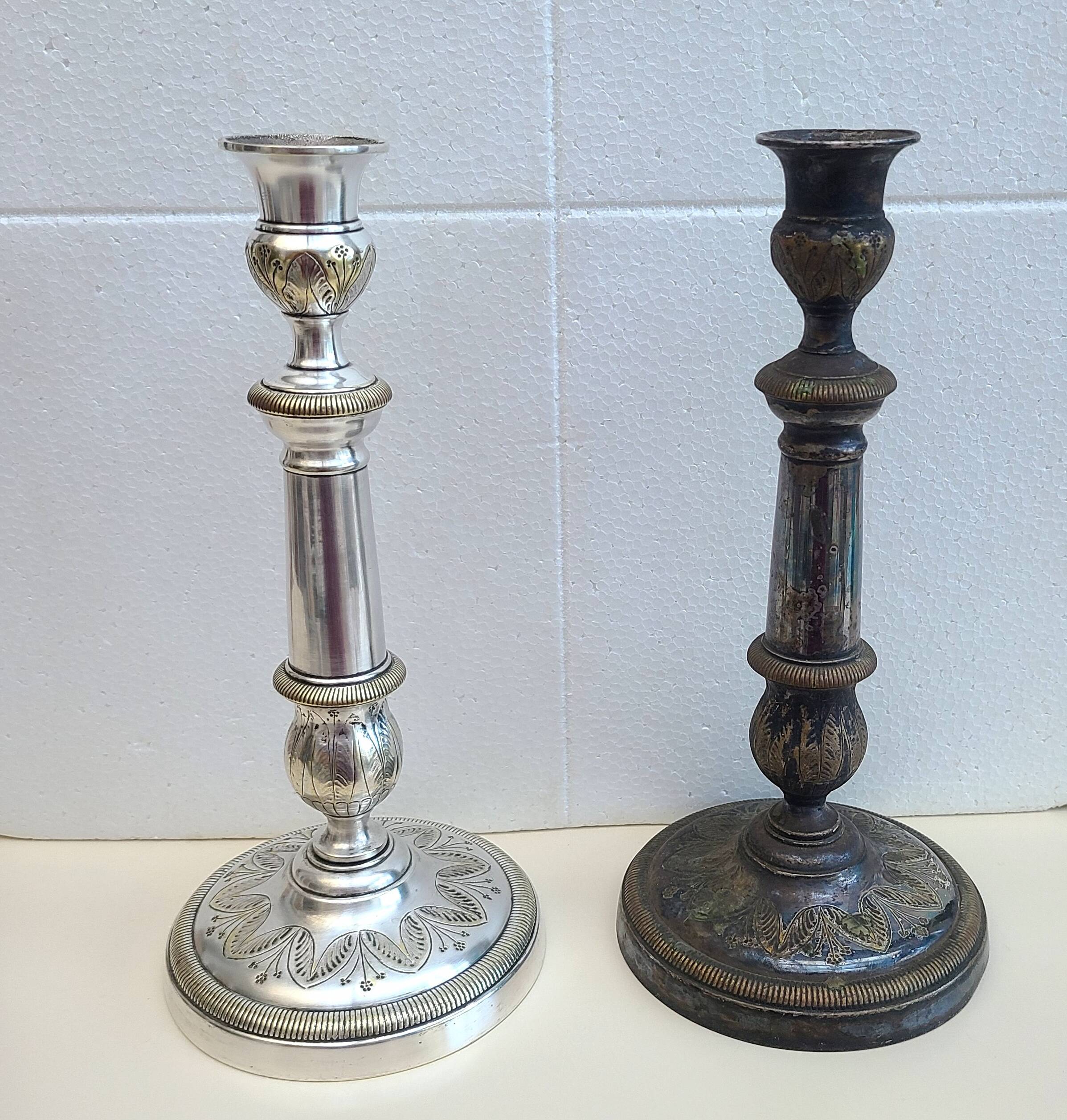 Antique silver-plated metal candlesticks