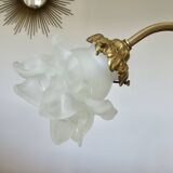 Large art nouveau brass lamp with frosted glass tulip in the shape of a rose