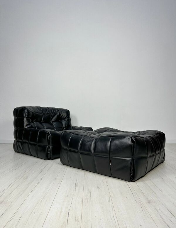 Fauteuil en cuir vintage des années 80 Kashima 1 place + ottoman par Michel Ducaroy pour Ligne Roset
