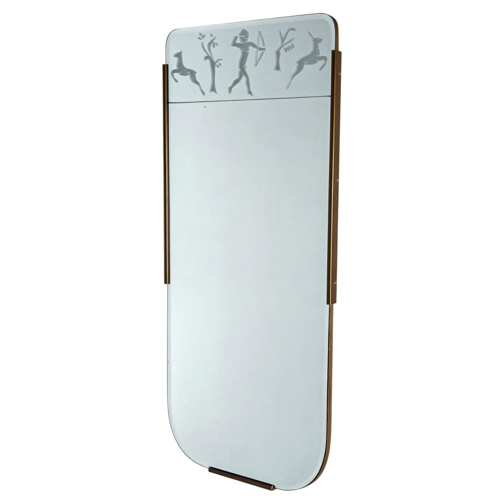 Miroir suédois Grace rare avec décor gravé de la chasseresse Diane et des cerfs.