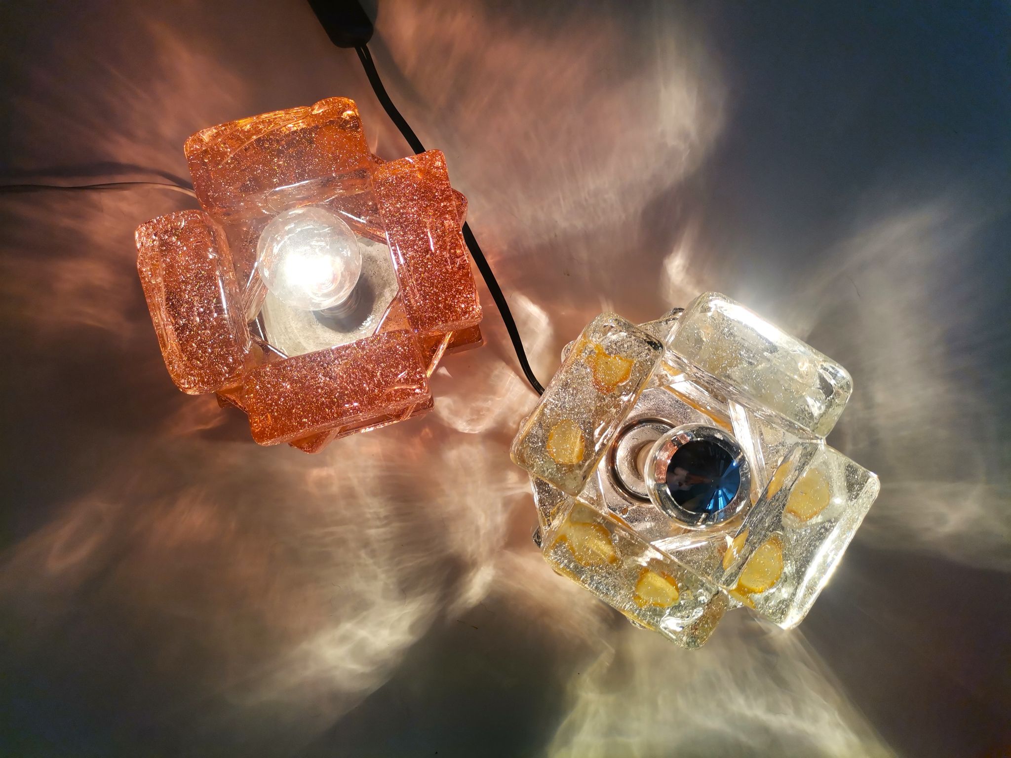 Brutalist solid bubble glass clear and red table lamps 1960s, set of 2
