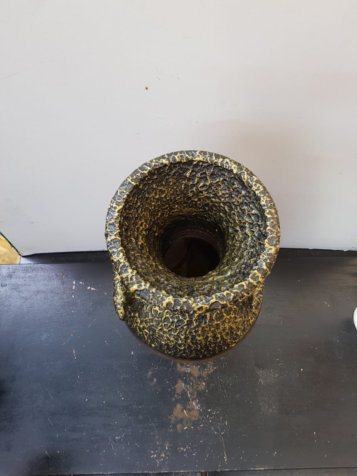 Vase large model black ceramic gold & brown vintage wood imitation