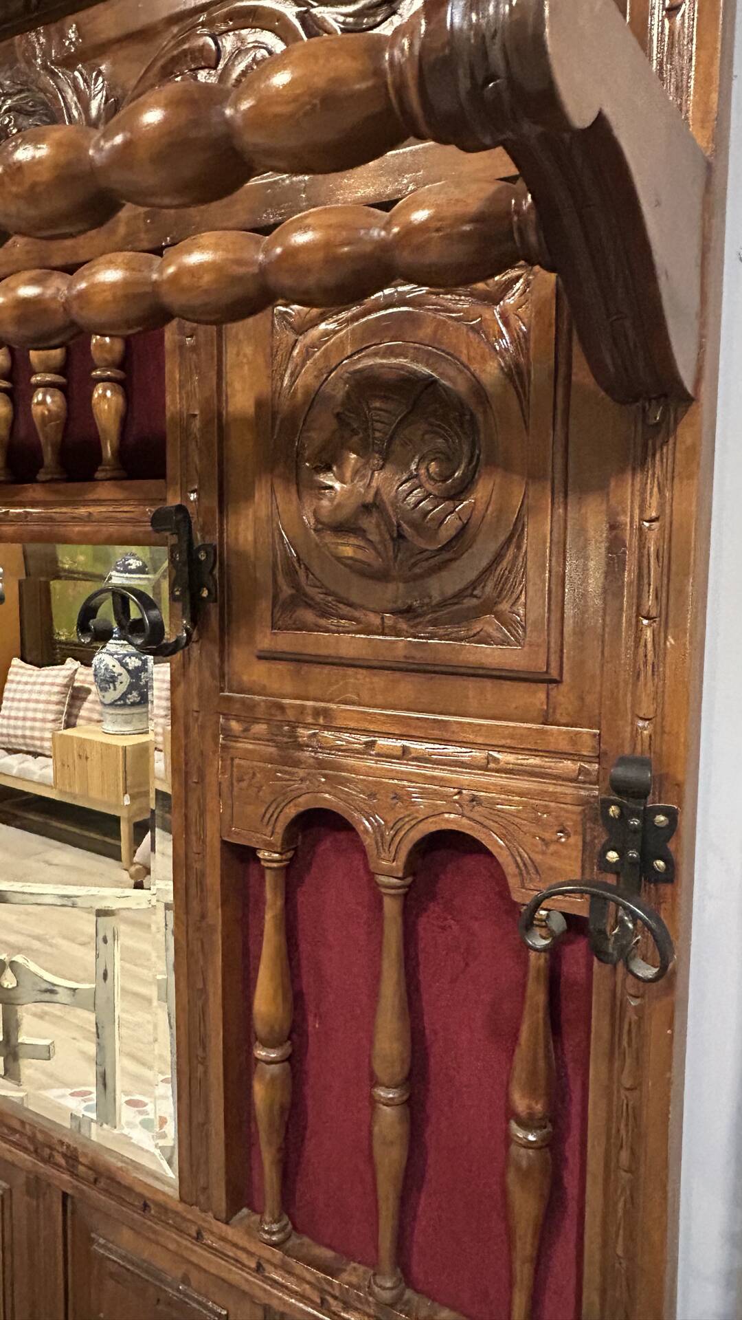 Antique neo-Renaissance hall coat rack with mirror and umbrella stand.