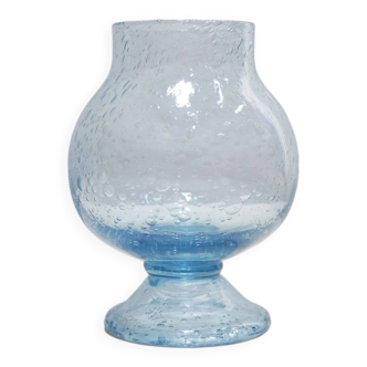 Photophore bougeoir vintage en verre soufflé bleu par la verrerie de Biot