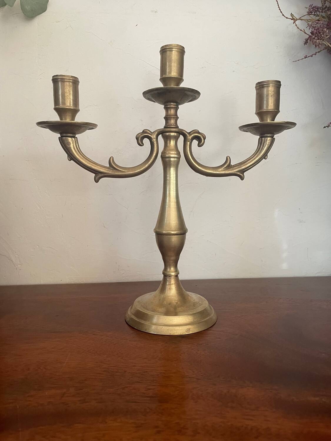 Vintage brass three-light candlestick