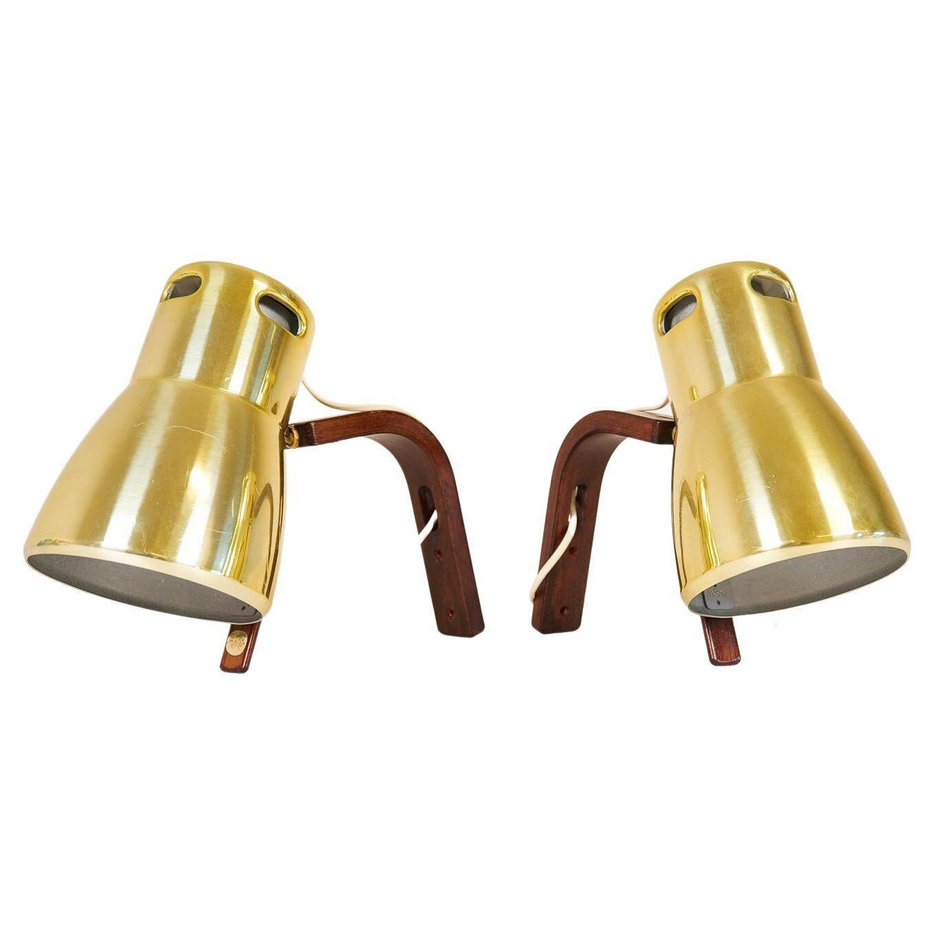 Hans-Agne Jakobsson Wall Lamps in Brass and Stained Wood, Sweden, 1970s
