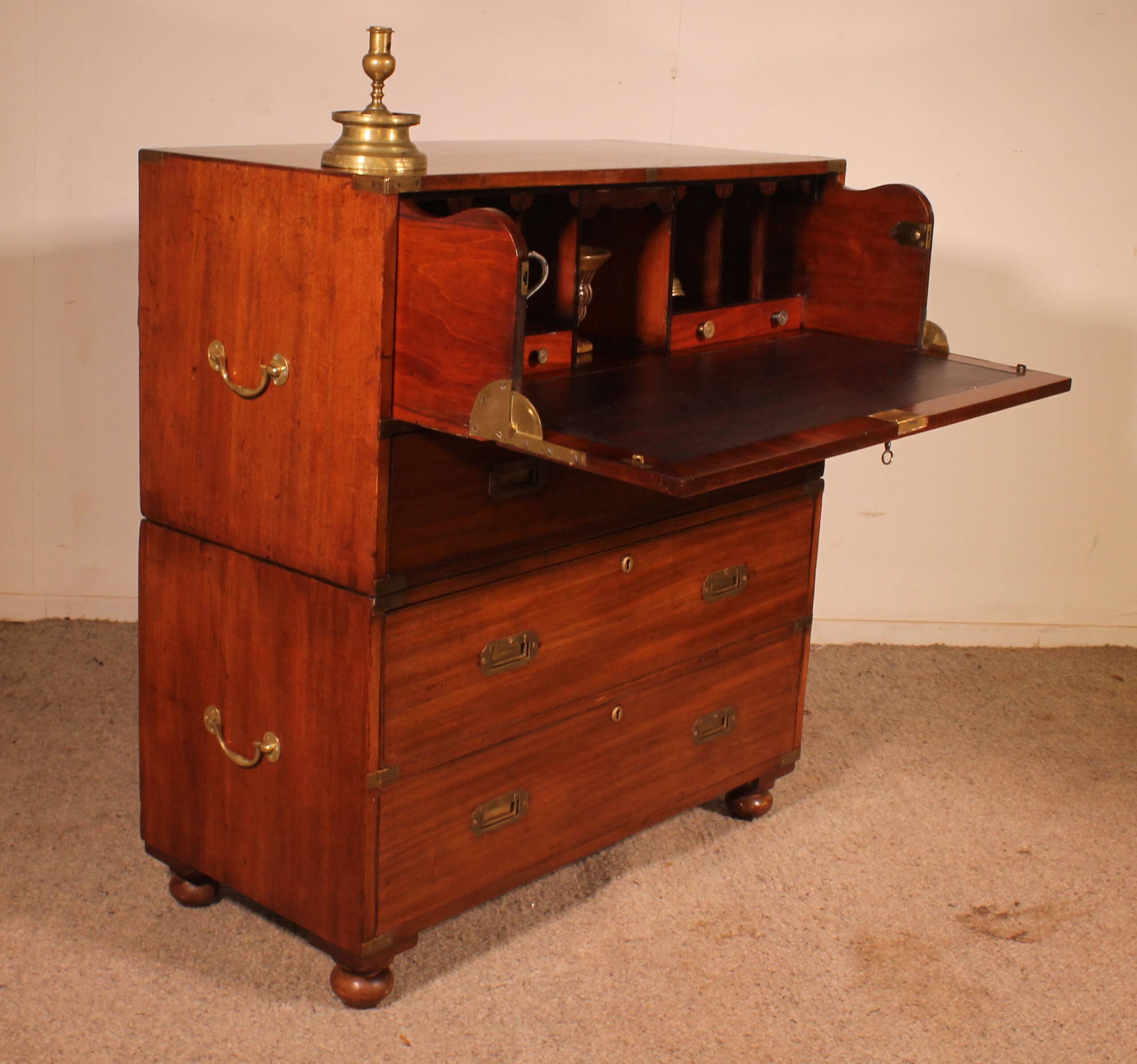 Military or Naval Chest of Drawers in Blond Mahogany with Secretary - 19th Century