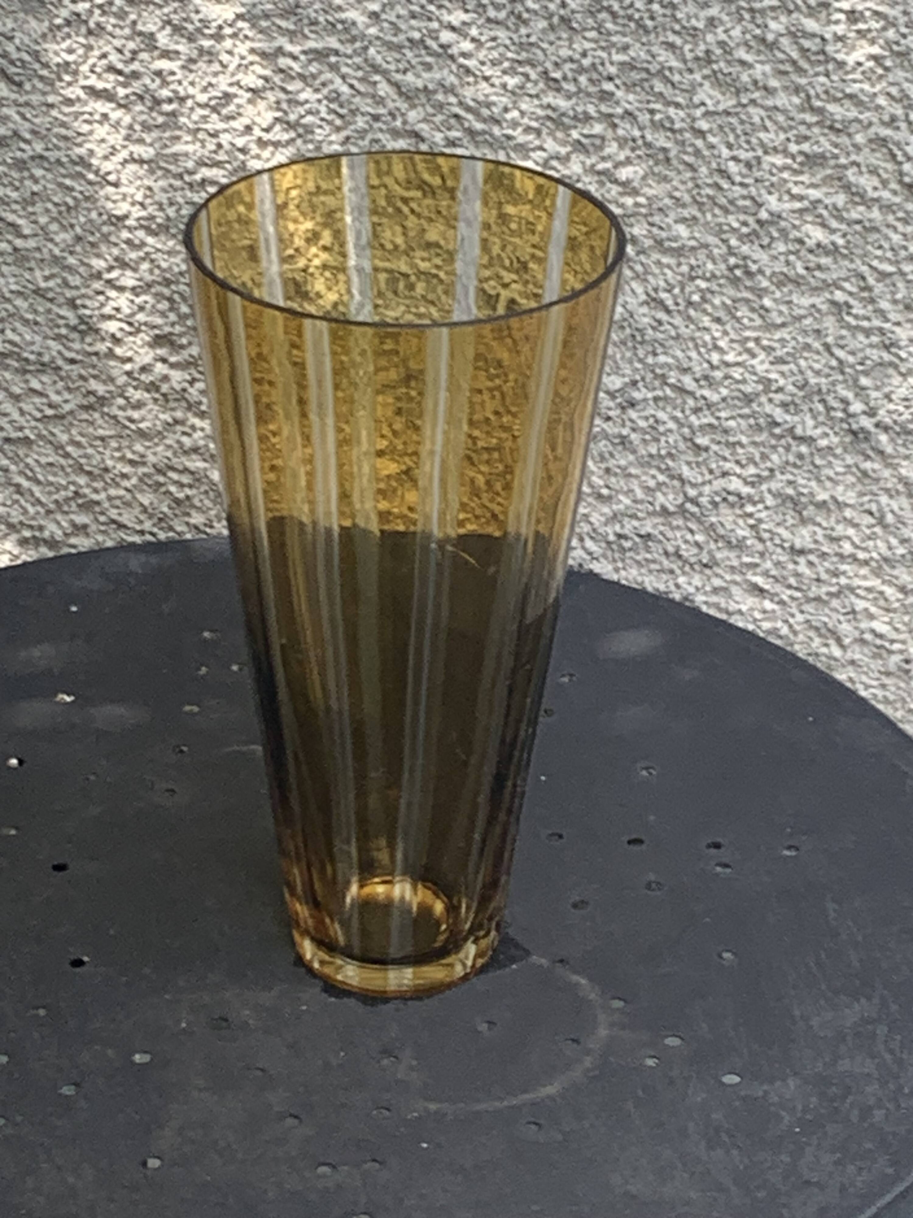 Bayadere patterned vase in glass, transparent and vintage ochre