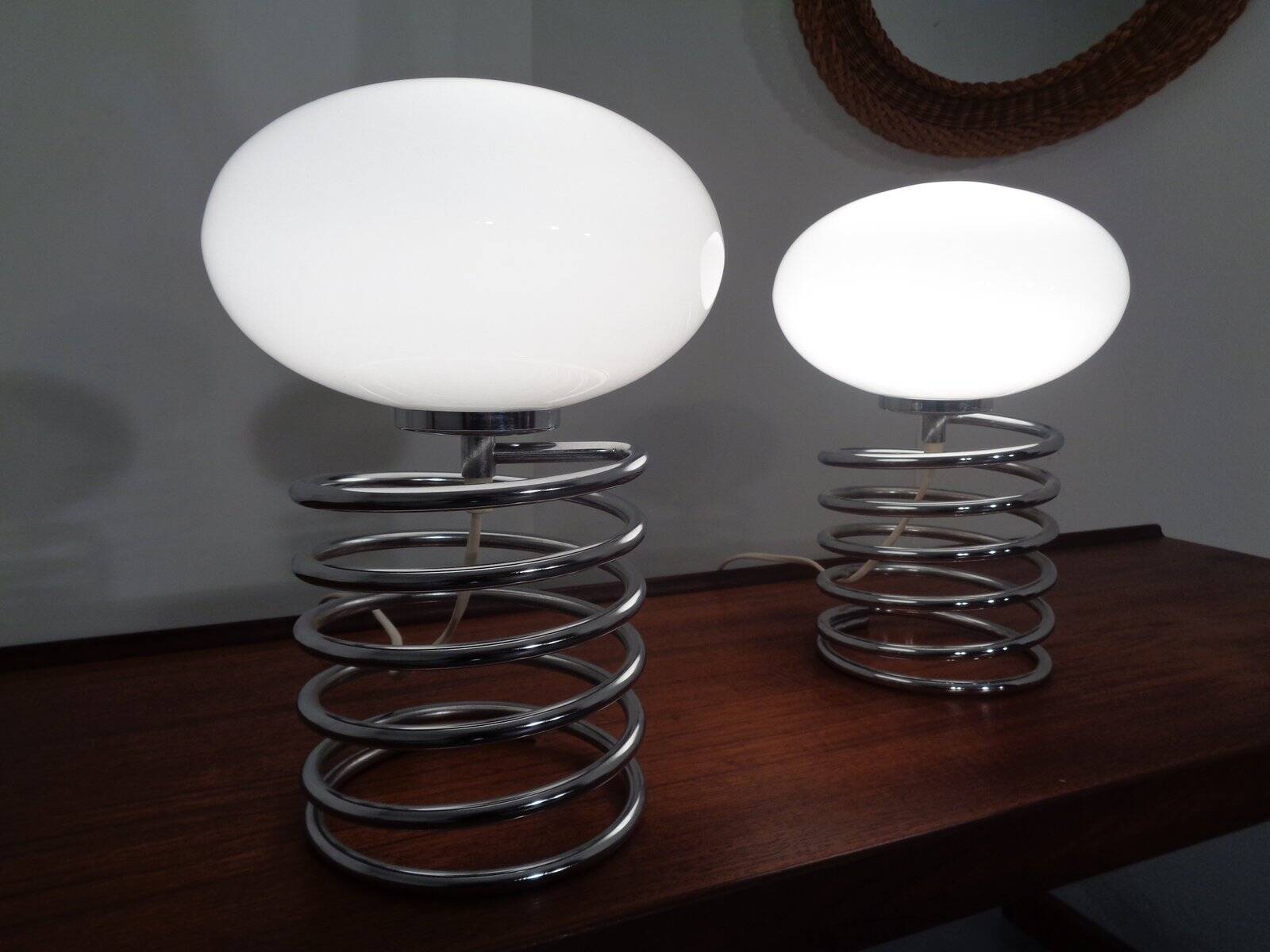 Opaline Glass and Chrome Table Lamps from Honsel, 1970s, Set of 2