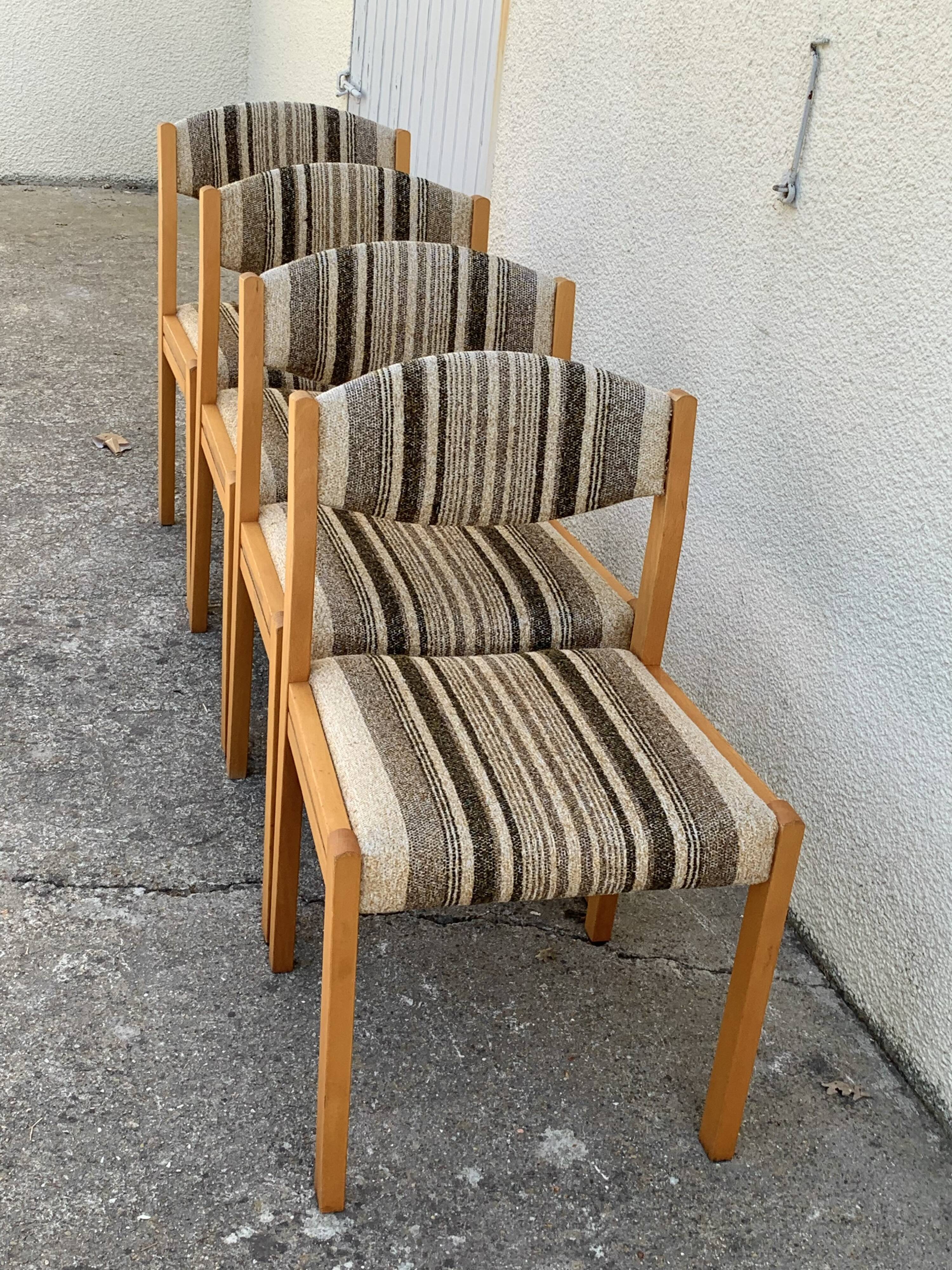 Suite of 4 chairs self beech brass and wool 1960