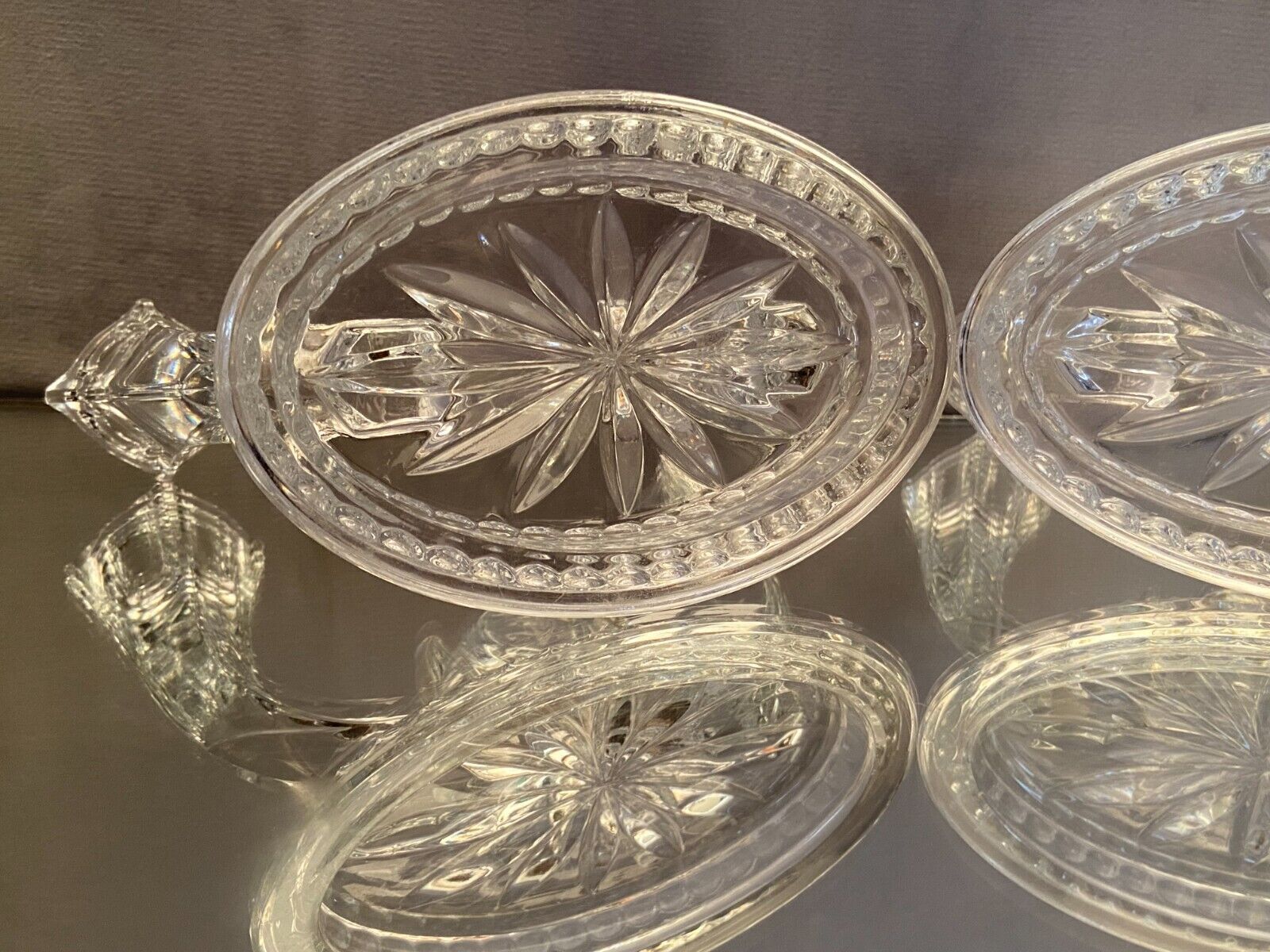 Pair of Val Saint Lambert crystal table end candlesticks