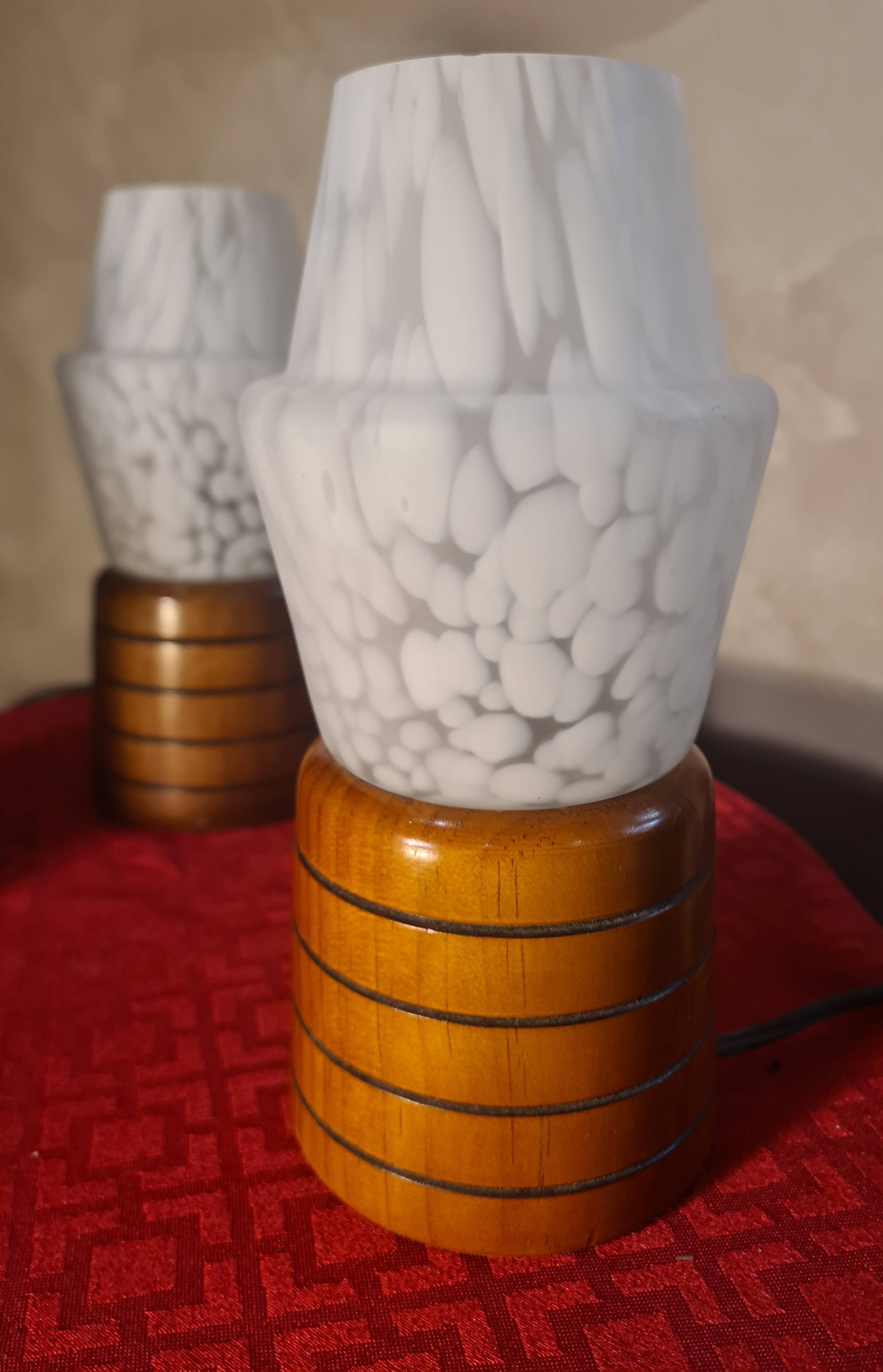 three Scandinavian bedside lamps, turned wood and glass, Clichy 20x9, electric ok
