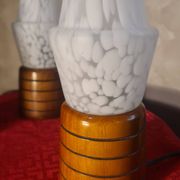 three Scandinavian bedside lamps, turned wood and glass, Clichy 20x9, electric ok