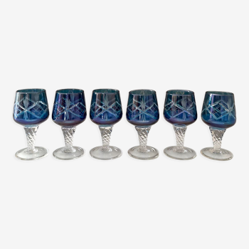 6 petits verres en cristal liqueur verres vintage colorés, bleu irisé,