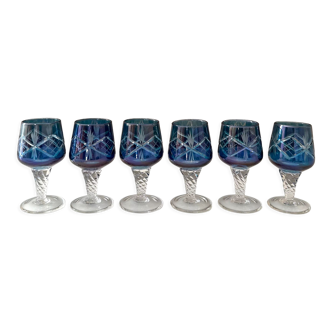 6 small crystal glasses liqueur, coloured vintage glasses, iridescent blue,