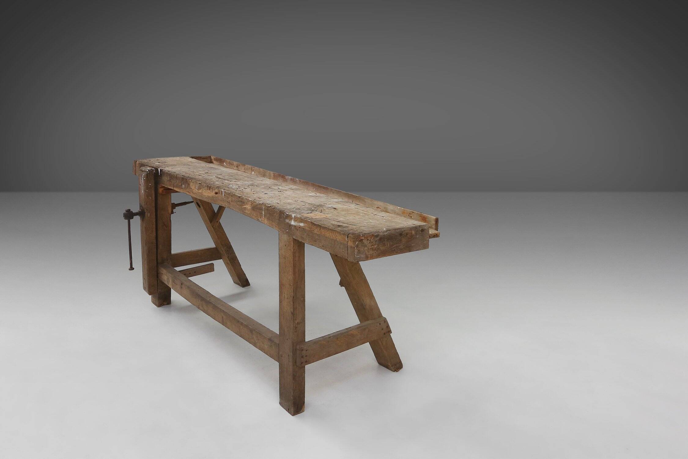 Industrial solid oak Workbench, Belgium ca. 1900