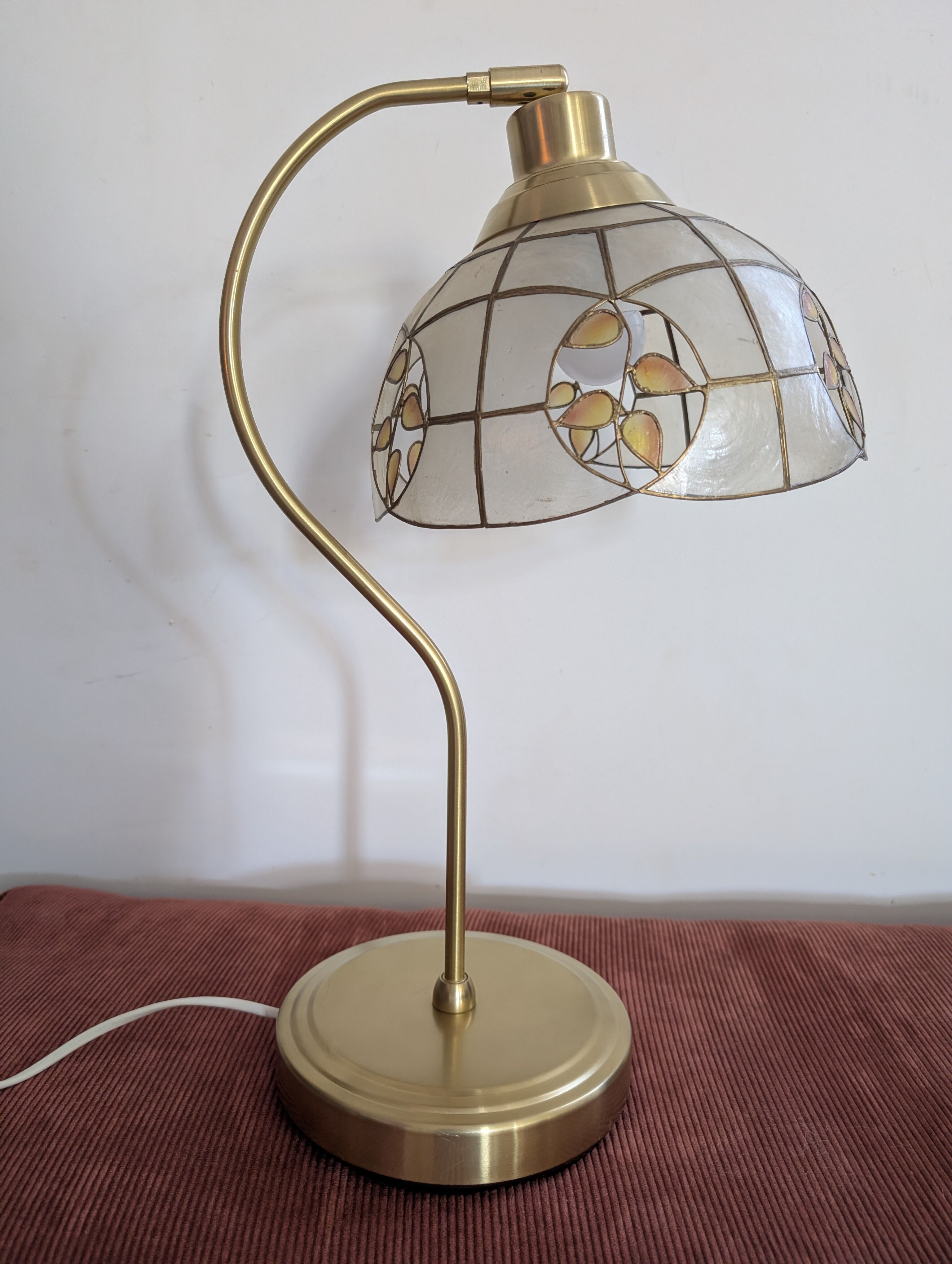 Swan neck lamp. Brass lampshade with mother-of-pearl leaf patterns.