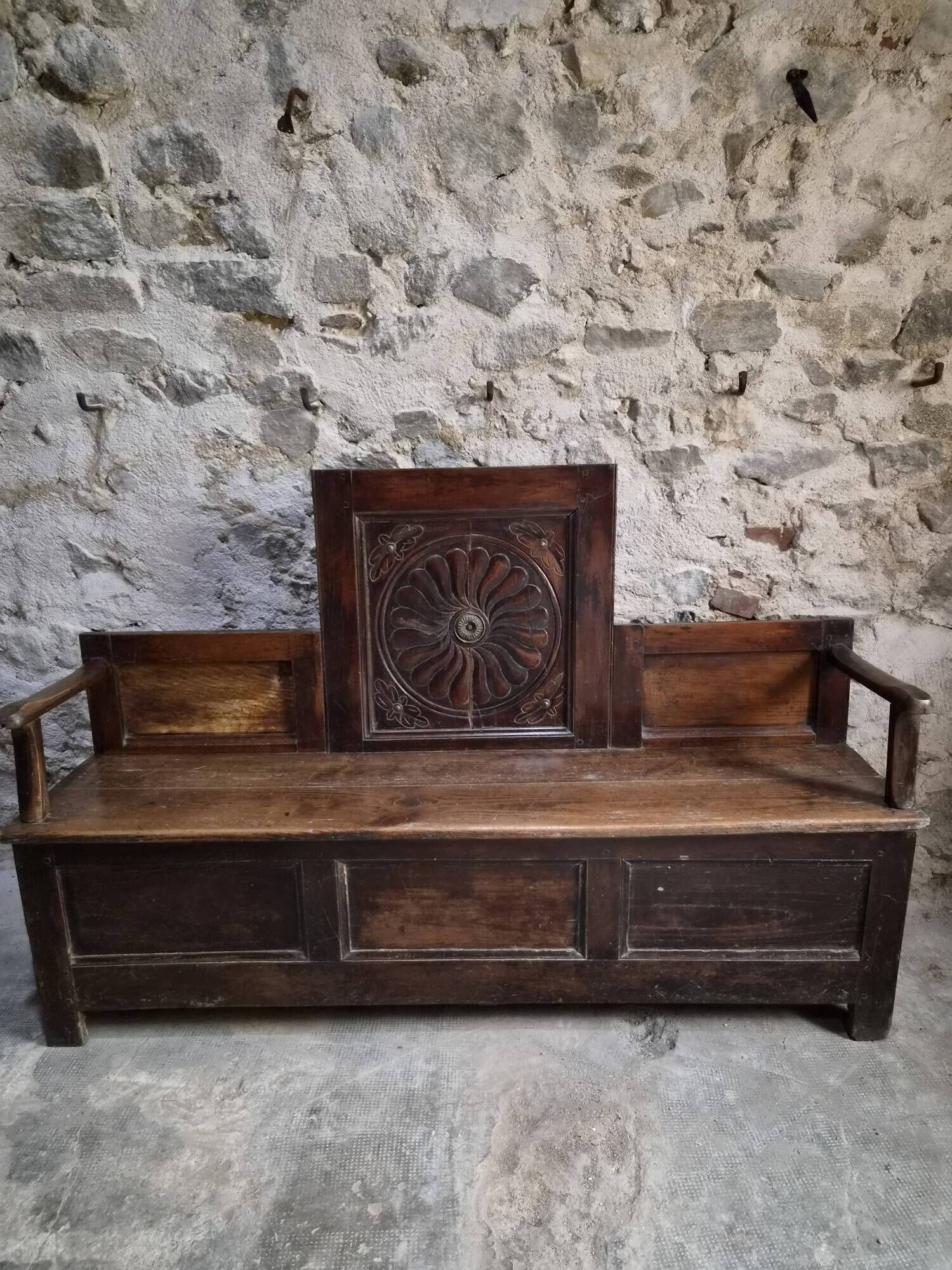 Old French popular art bench from Auvergne, circa 1800–1850
