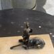 Table lamp, Biche, fawn in gilded brass on a beige marble base, art deco Velvet underside