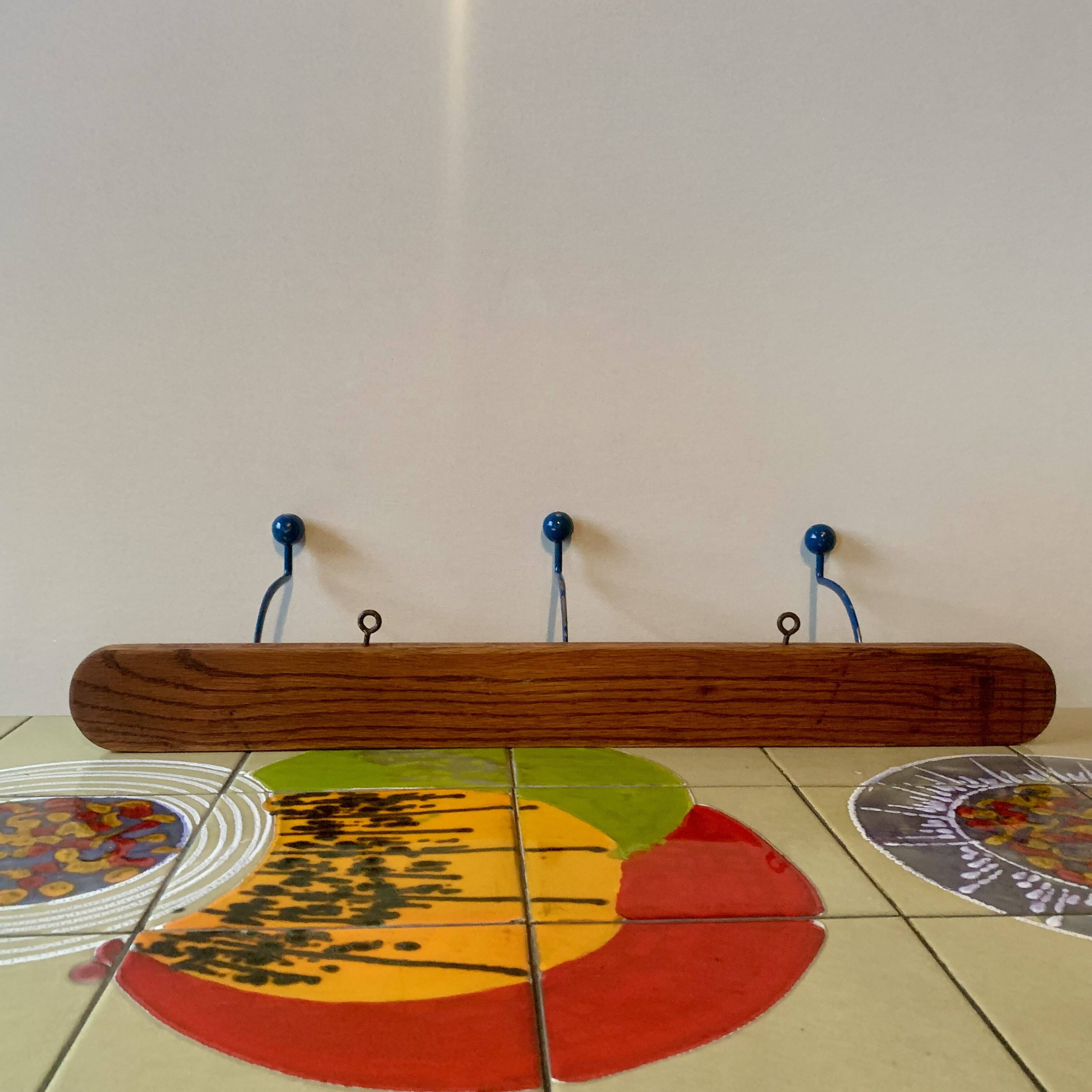 Vintage wooden wall coat rack - triple coat hook with blue metal balls