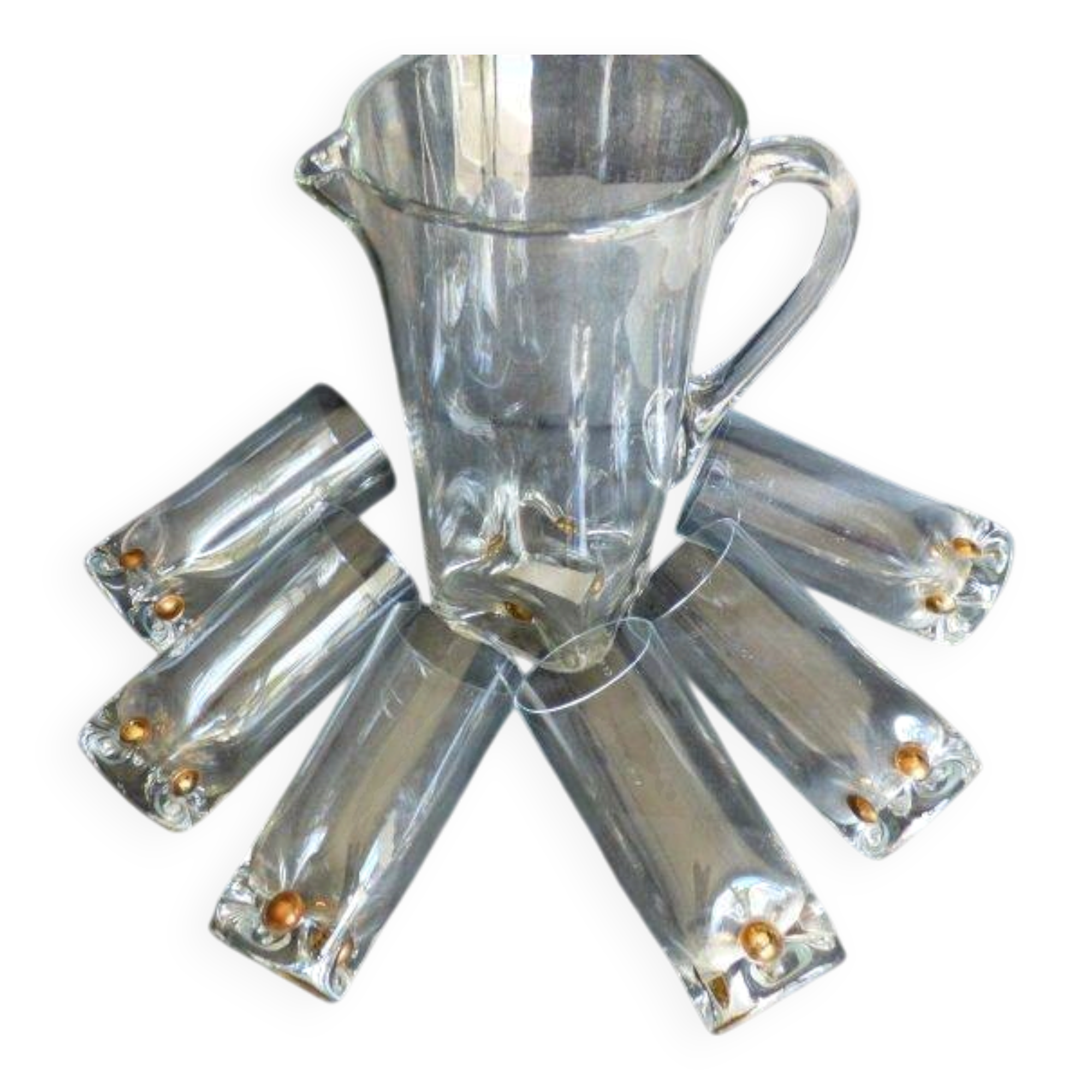 Vintage orangeade service with a jug and 6 glasses decorated with golden beads.