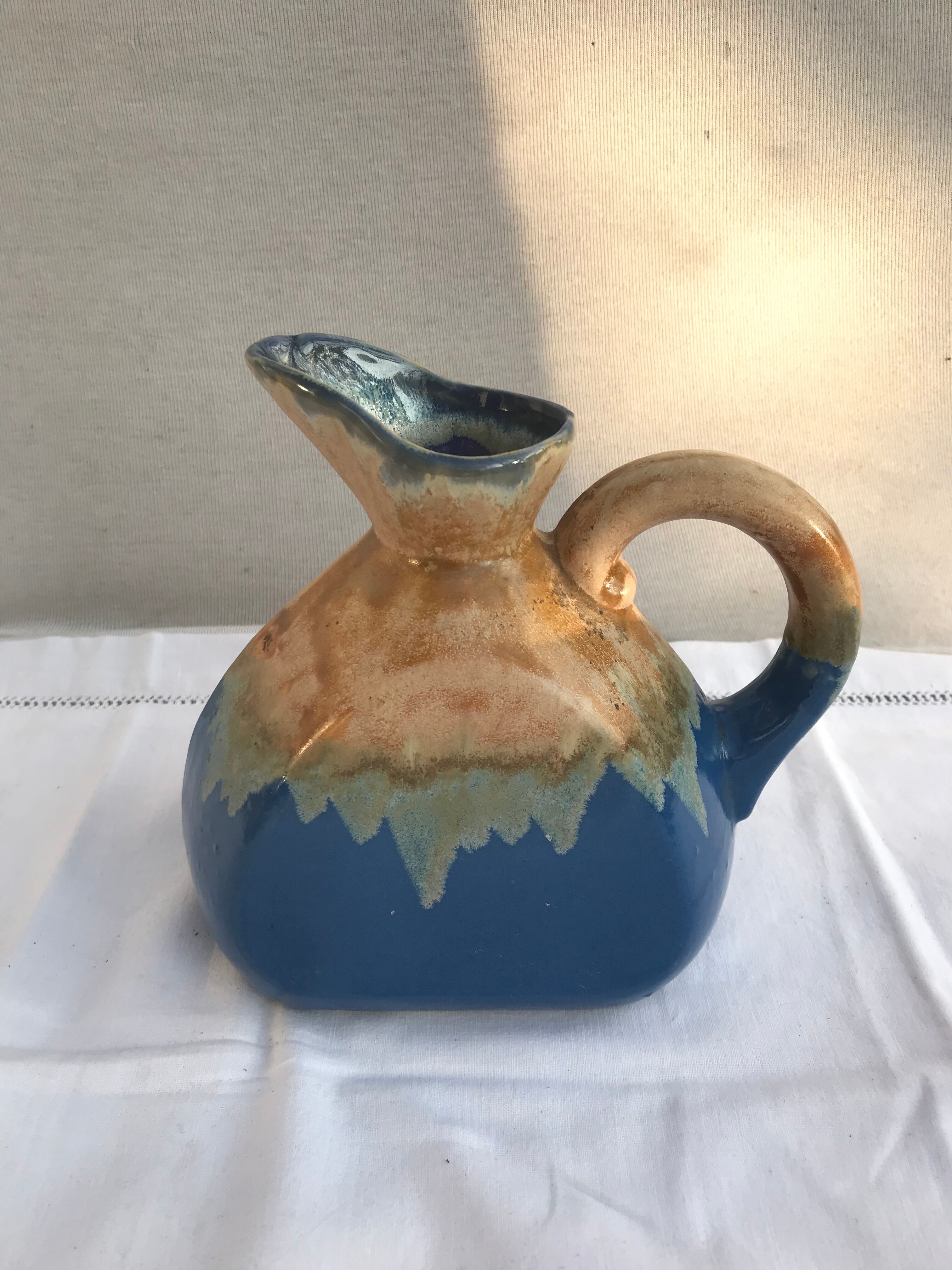 Former Art Deco Pitcher ALPHO Ceramics Enamelled Blue Beige Vintage Kitchen