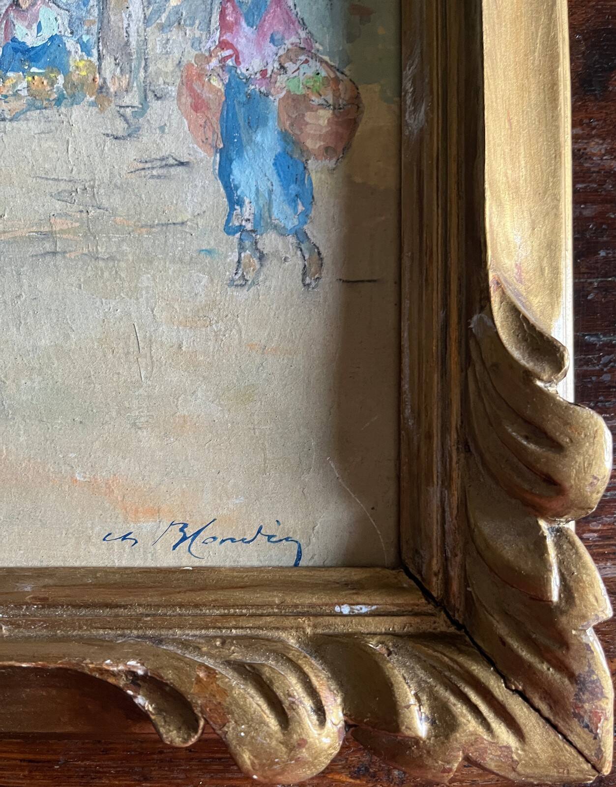 Sunny terrace table on market day signed (Ch. Blondel?)