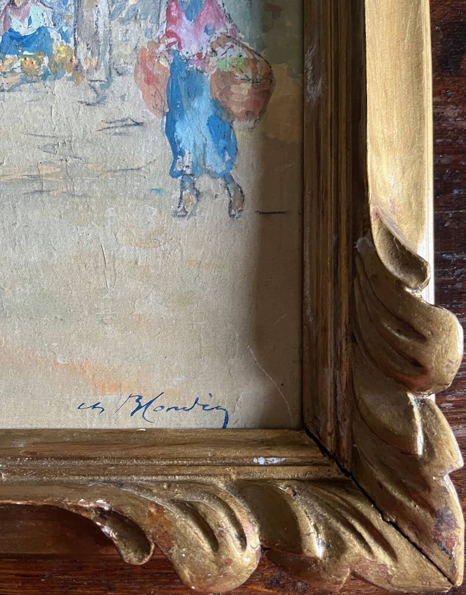 Sunny terrace table on market day signed (Ch. Blondel?)