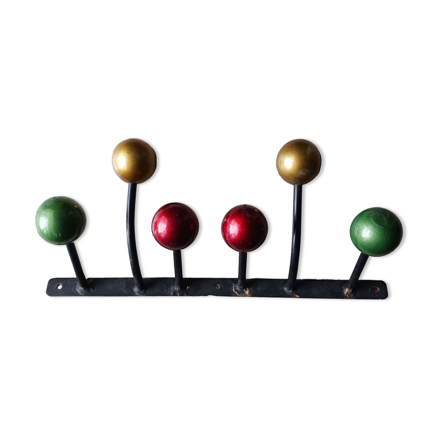 Wall coat rack in wrought iron, 6 balls of colors in wood bis