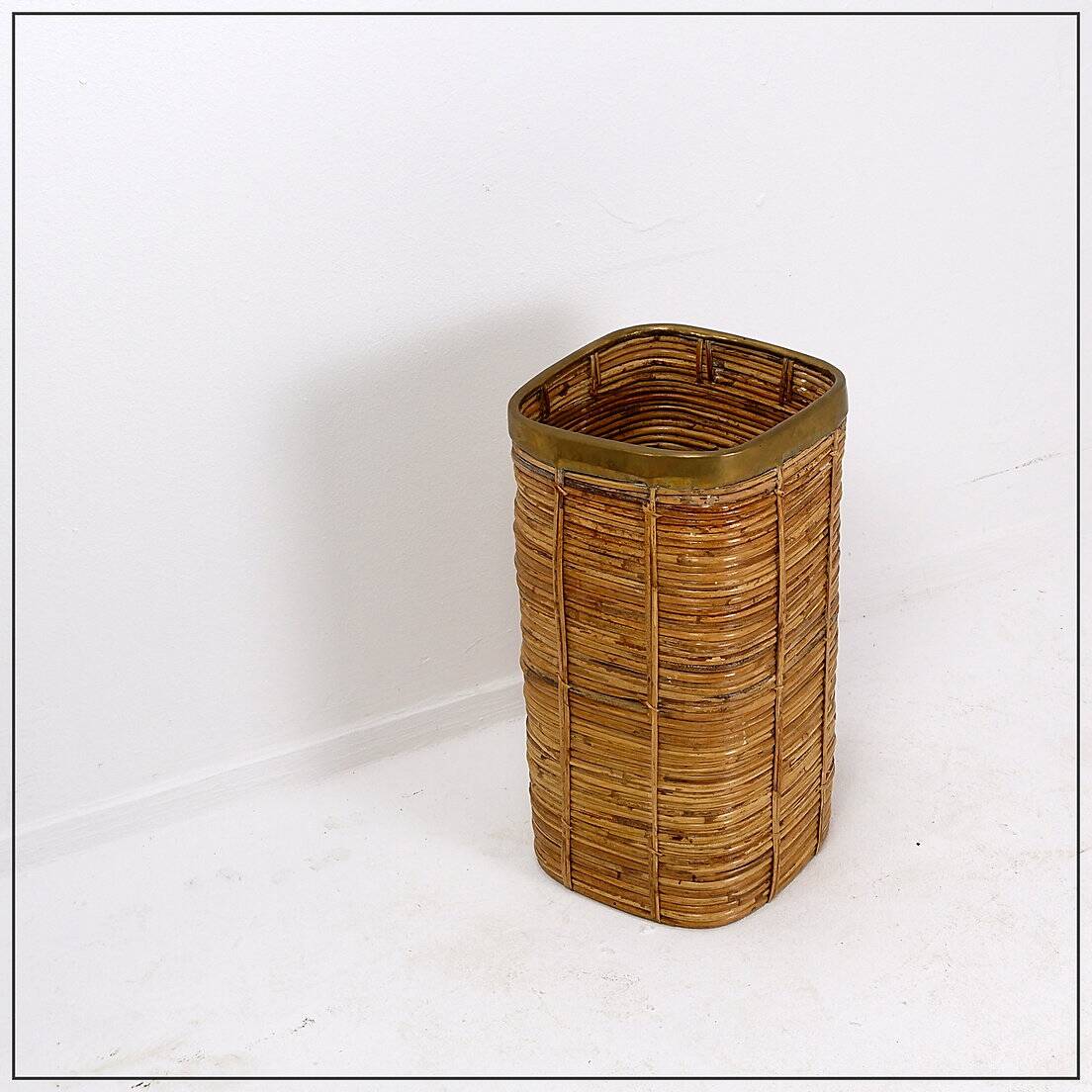 1970's Rattan and Brass Umbrella Stand