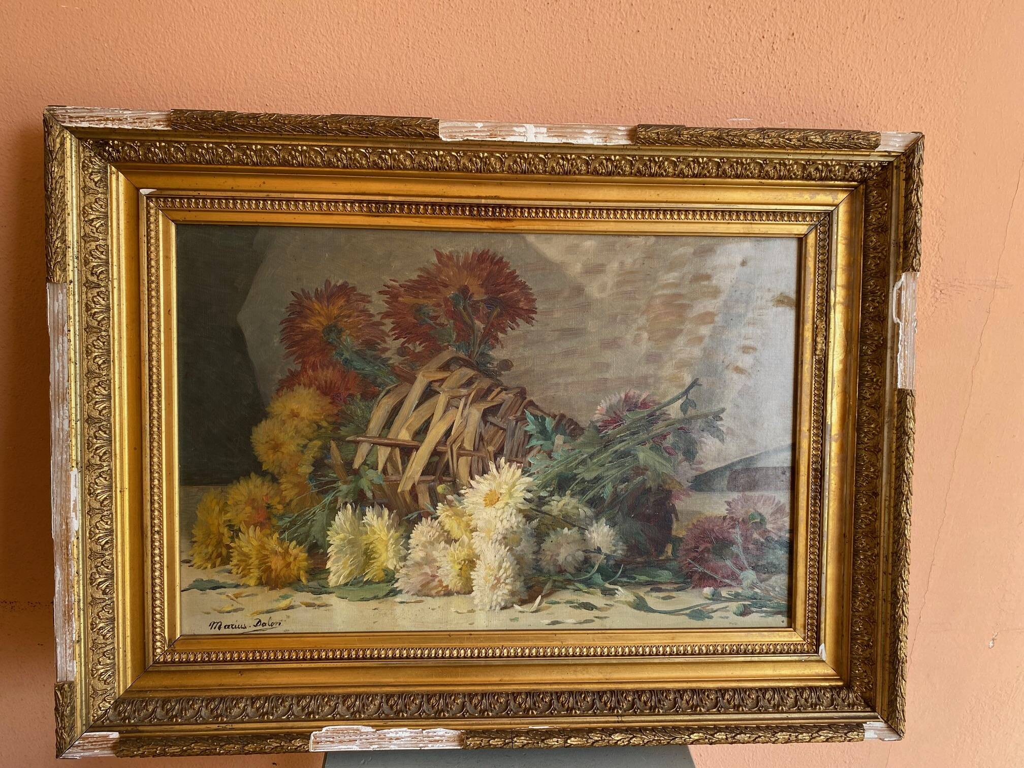 STILL LIFE BOUQUET OF DAHLIAS OIL PAINTING SIGNED MARIUS DALON EARLY 20TH CENTURY