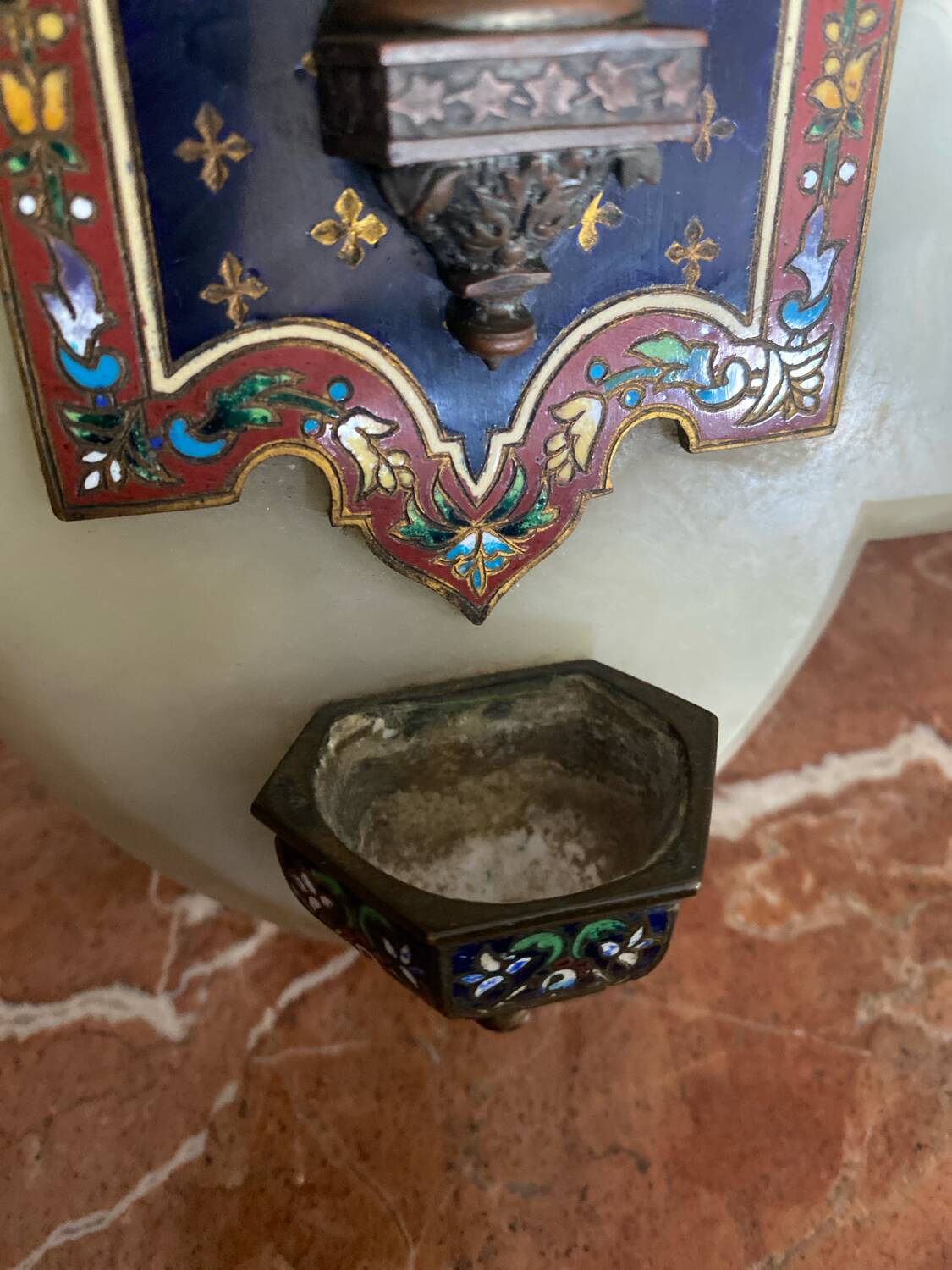 Very beautiful holy water font in cloisonné enamel on marble