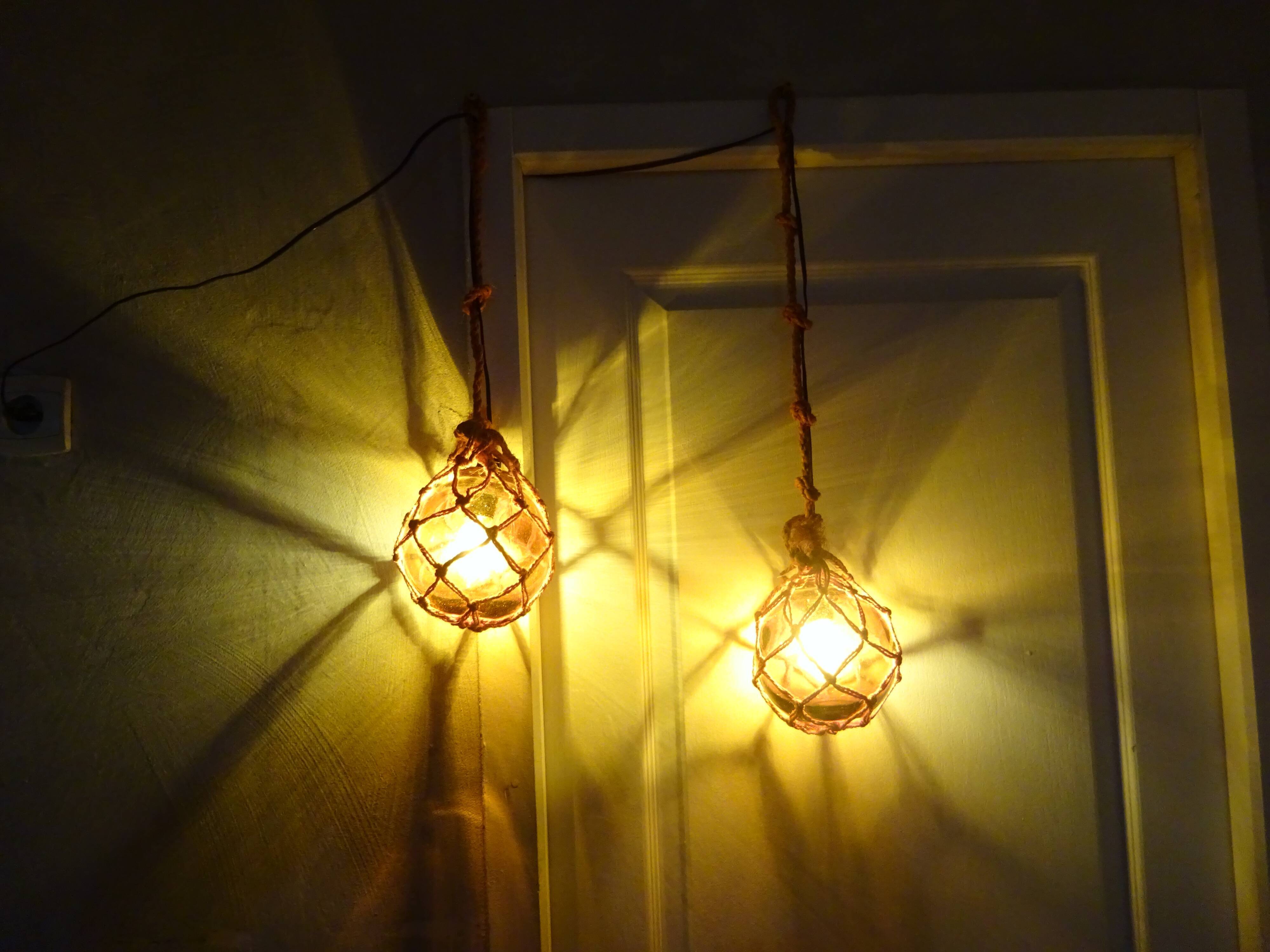 Paire d'applique lampe boule flotteur pêche corde vintage en verre