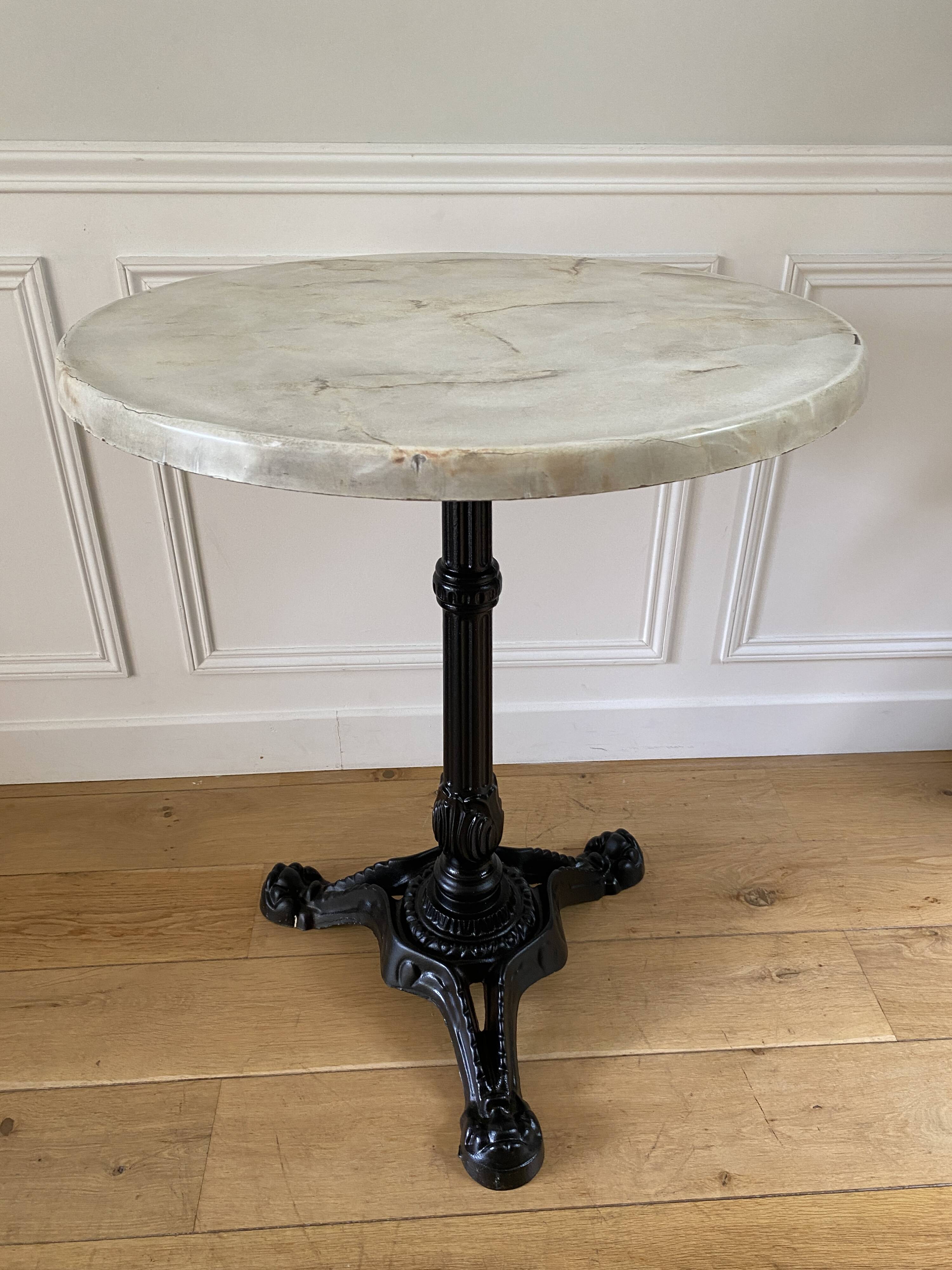 Bistro table, vintage side table, cast iron legs, imitation resin top