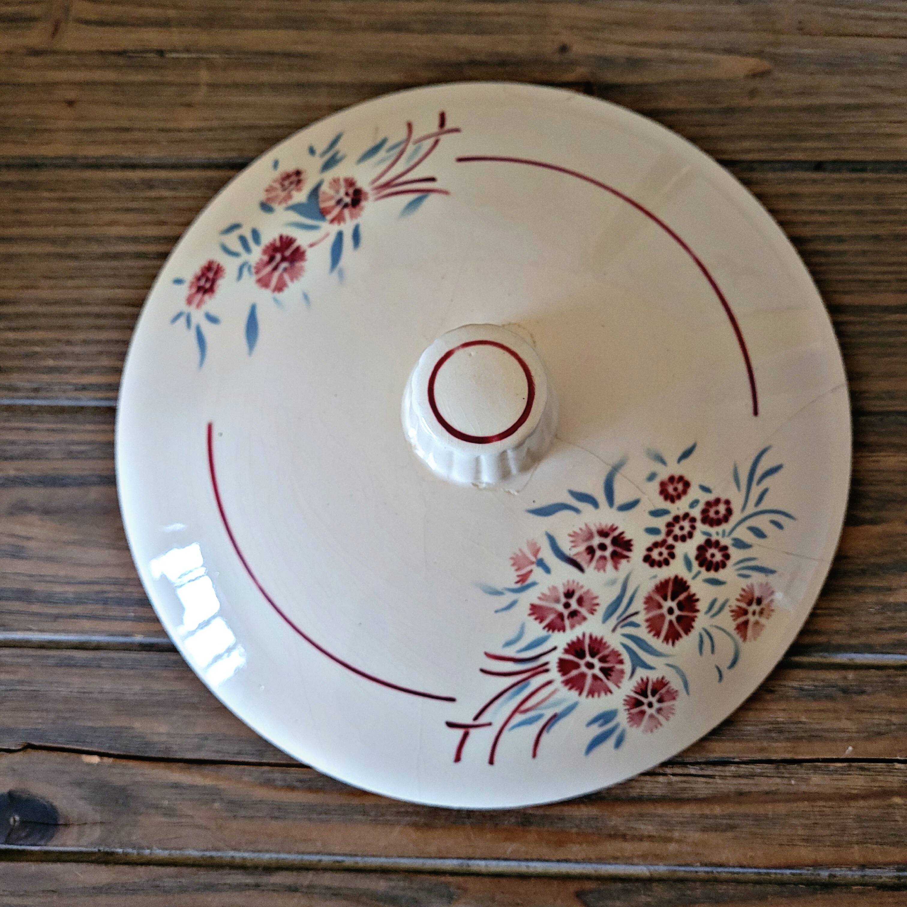 Salad bowl with handles Badonviller Francine vintage, earthenware floral decoration