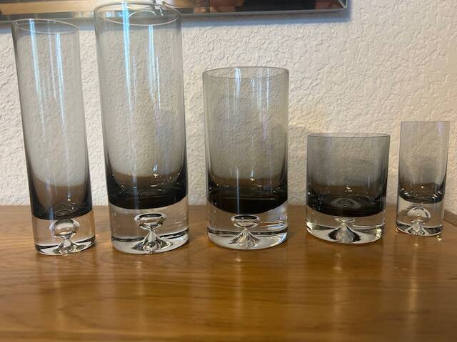 Set of black smoked glasses with large bubbles from the 1970s.